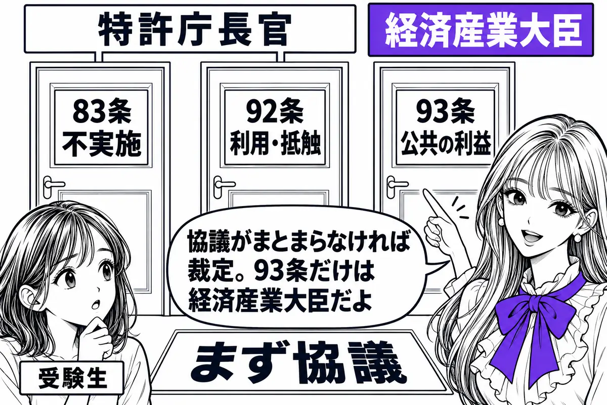 不実施と利用・抵触の裁定は特許庁長官が、公共の利益のための裁定は経済産業大臣がする