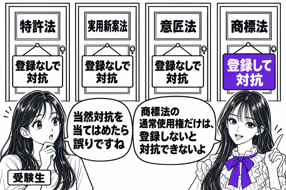 通常の実施権は登録なしで対抗できるが、商標法の通常使用権だけは登録しないと対抗できない