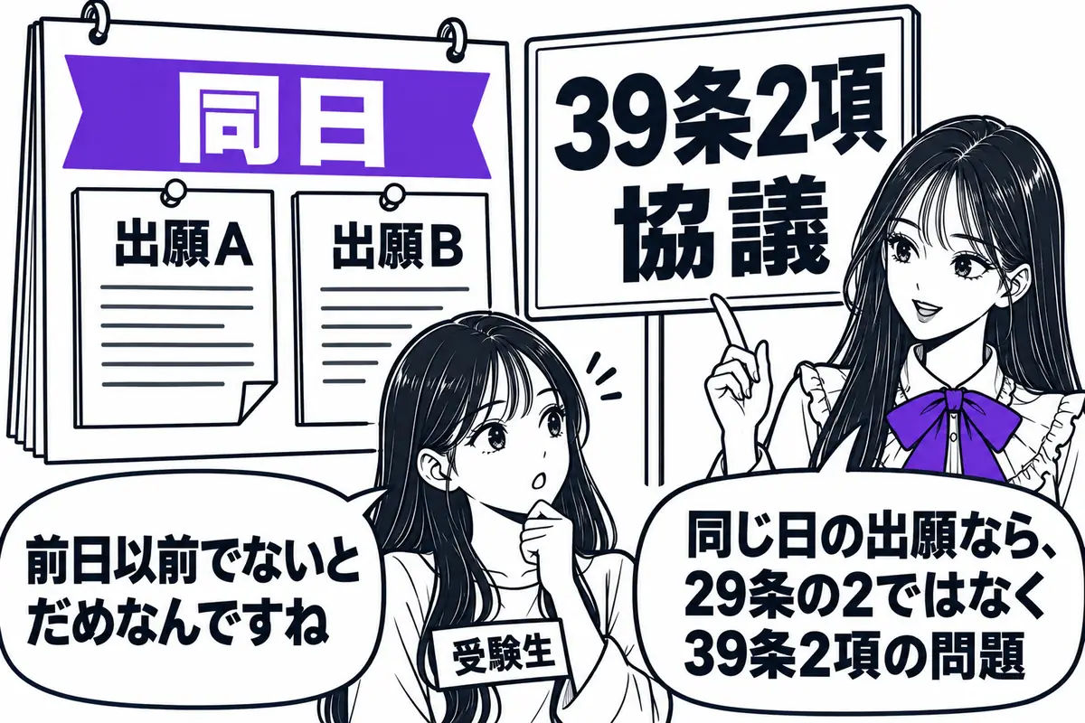 29条の2の先願は本願の出願の日前の出願に限られ、同日出願の間では39条2項の問題になる