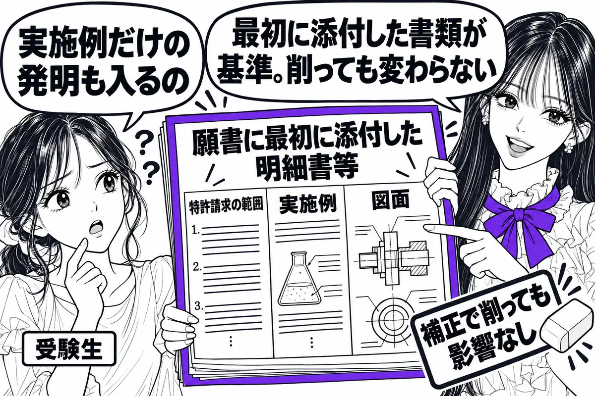 比べる範囲は先願の当初明細書等の全体で、後から補正で記載を削っても結果は変わらない
