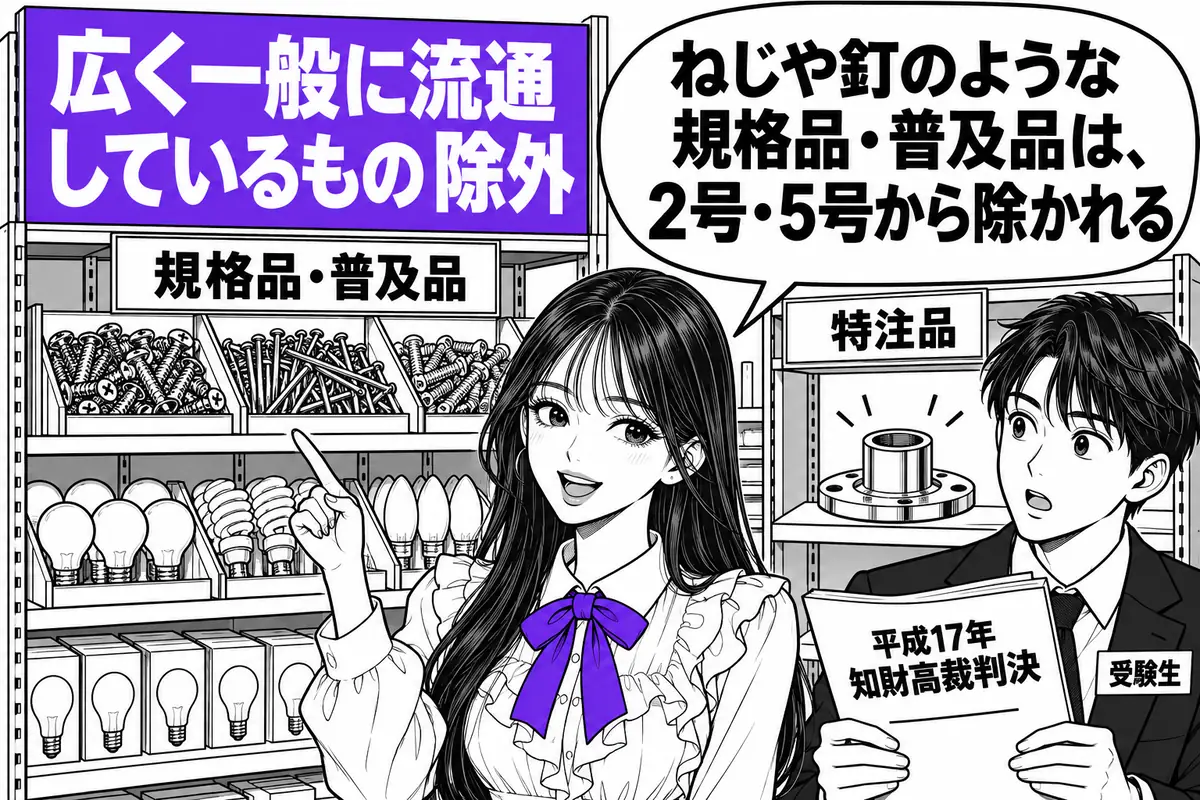 広く一般に流通しているものとは、ねじ・釘・電球のように他の用途にも使え市場で入手できる規格品・普及品をいう