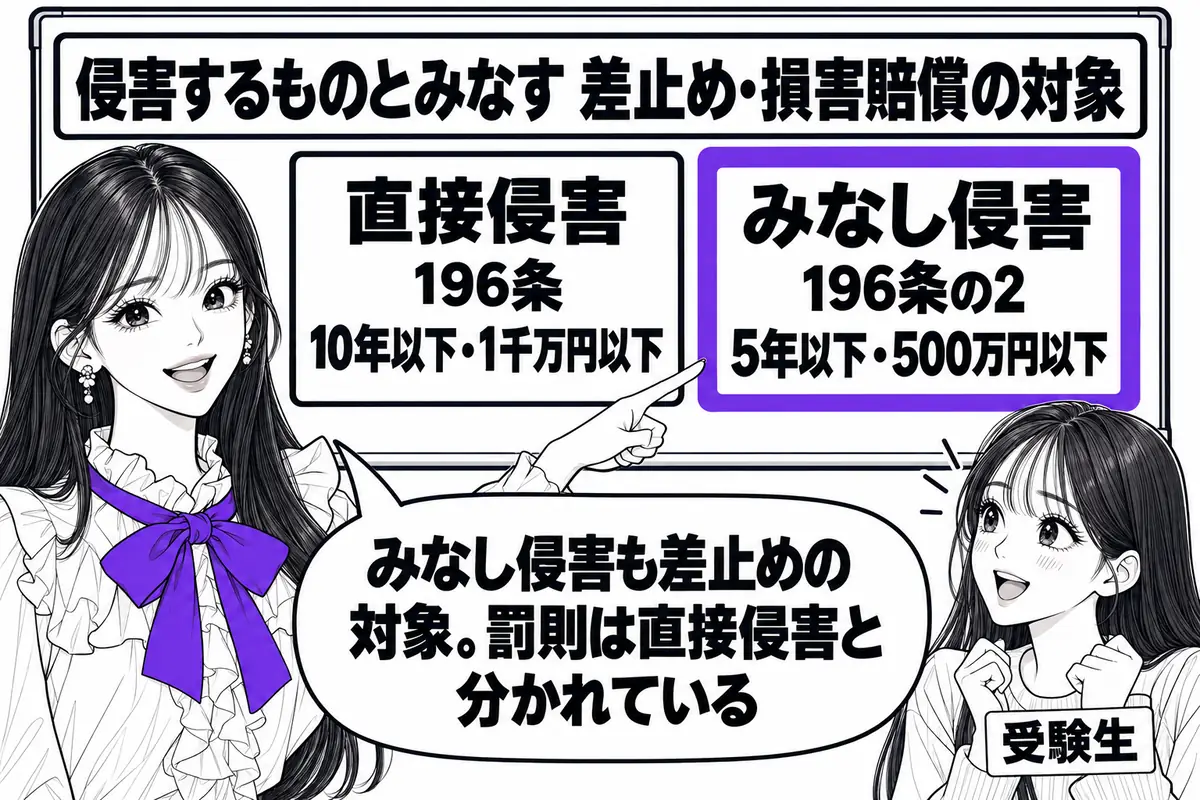 間接侵害も差止請求と損害賠償の対象で、罰則は直接侵害より軽い5年以下の拘禁刑若しくは500万円以下の罰金