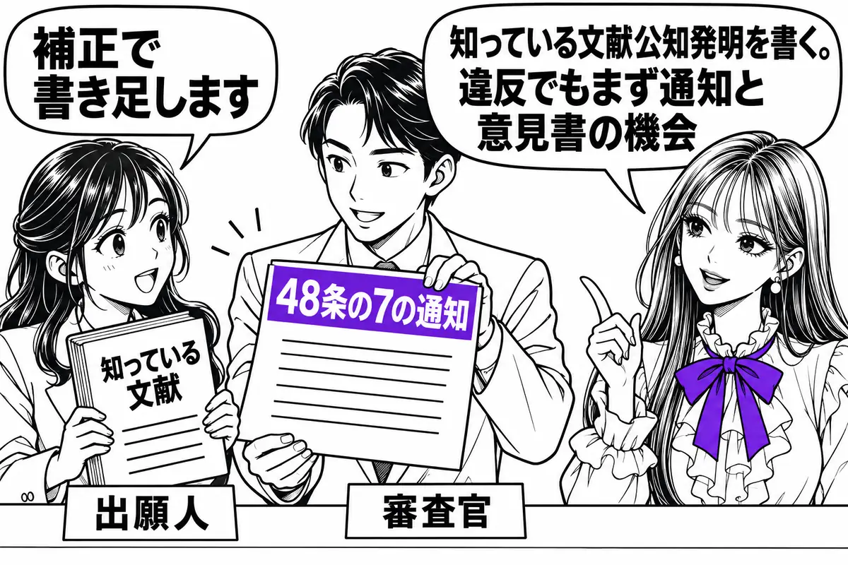 出願の時に知っている文献公知発明の刊行物の名称等を書く。違反してもまず48条の7の通知がある