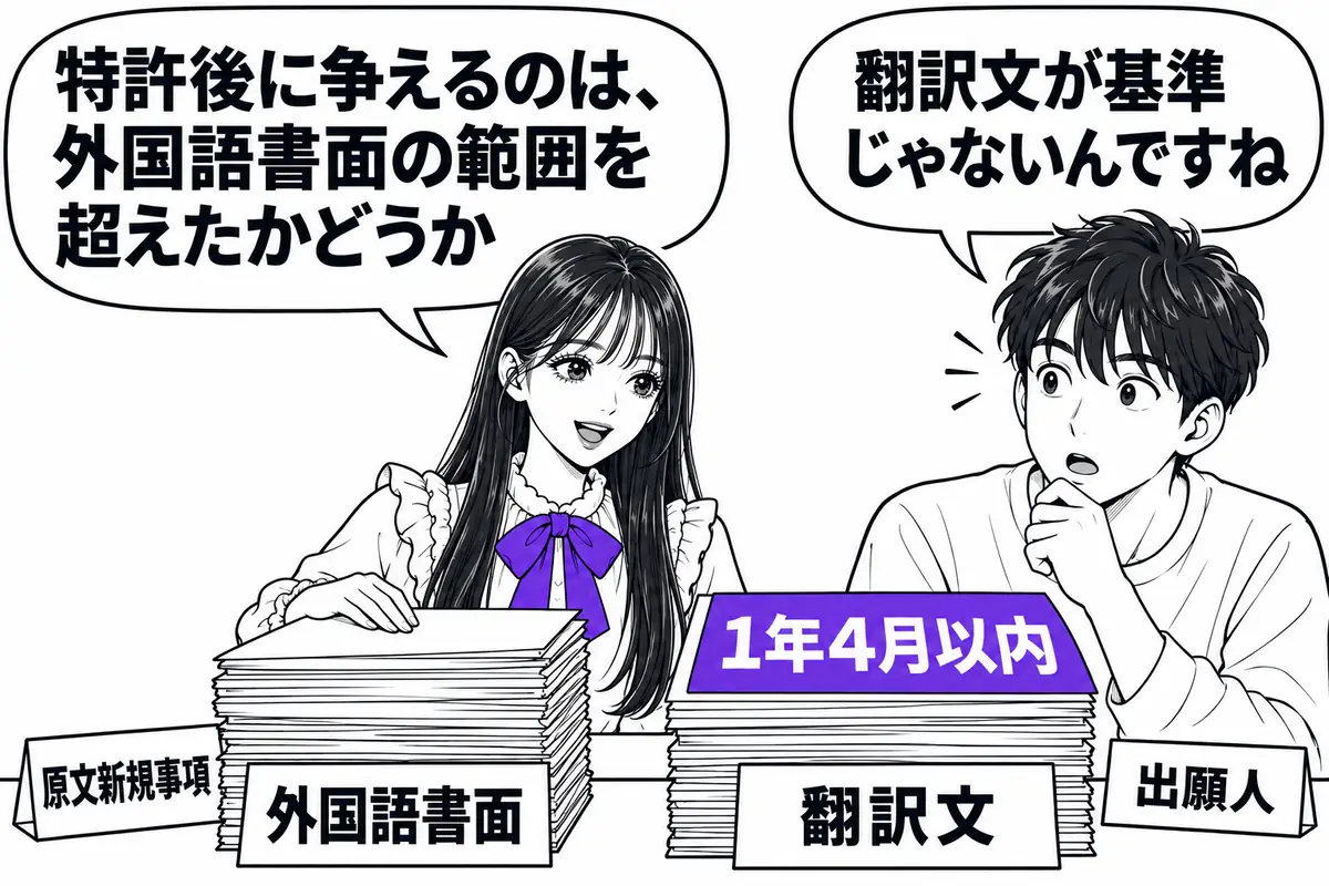 外国語書面出願では翻訳文を1年4月以内に出し、特許後に争えるのは外国語書面の範囲を超えたかどうか