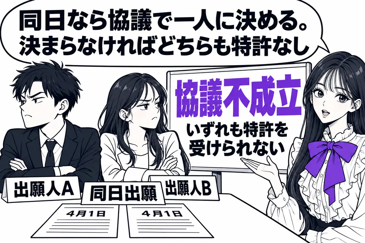 同日の特許出願は協議で一の出願人を定め、協議が成立しなければいずれも特許を受けられない