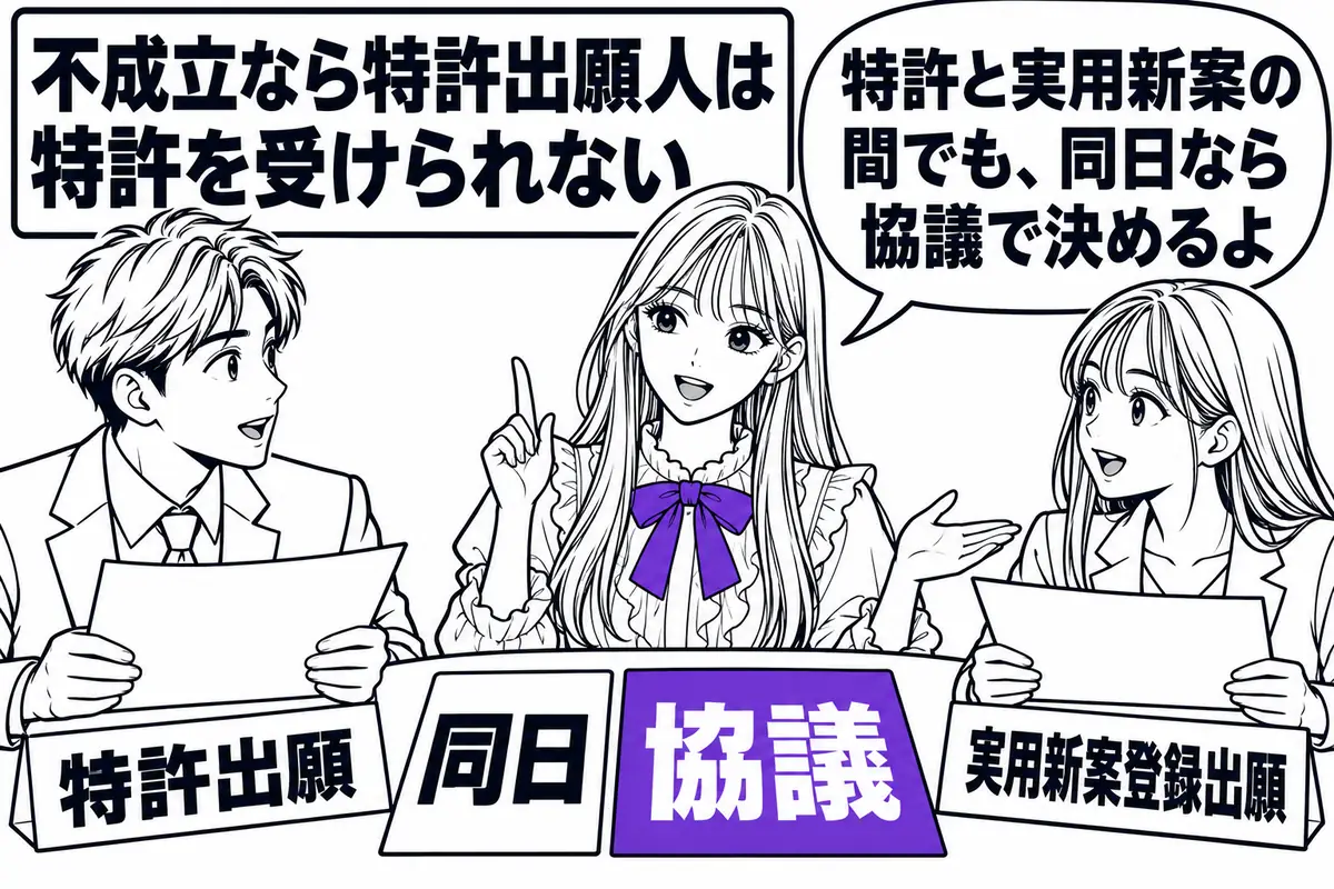特許出願と実用新案登録出願が同日なら協議し、不成立なら特許出願人は特許を受けられない