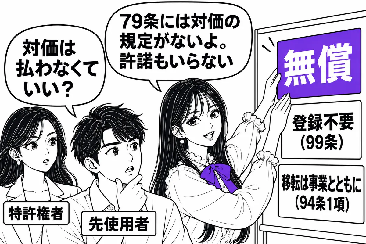 先使用権は無償で、登録しなくても後に特許権を取得した者に対抗でき、移転は事業とともにする場合などに限られる