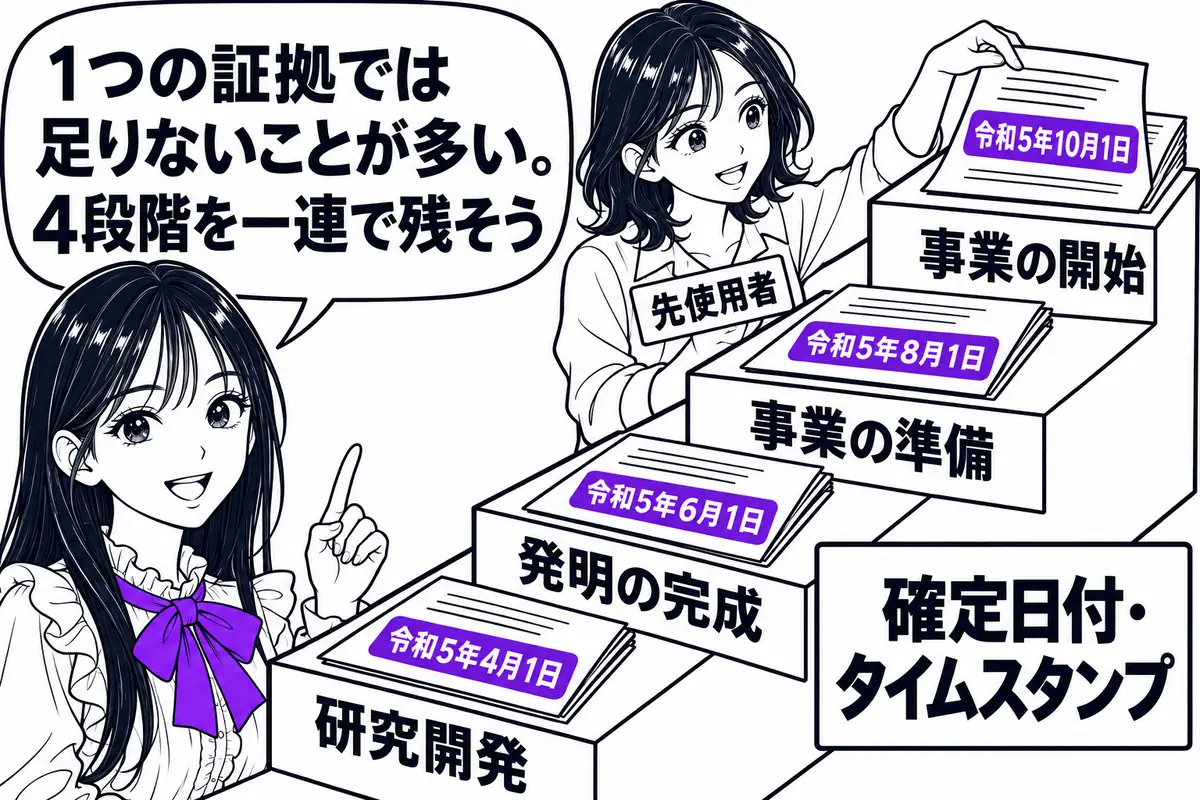 先使用権は主張する側が、研究開発から発明の完成、事業の準備、事業の開始までの経緯を一連で立証する
