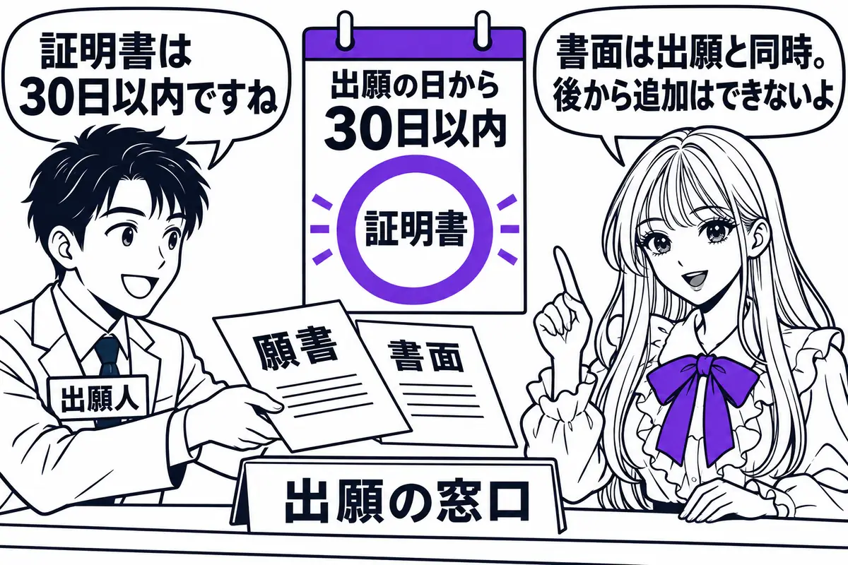 2項の適用を受けるには、書面を特許出願と同時に、証明書を出願の日から30日以内に提出する