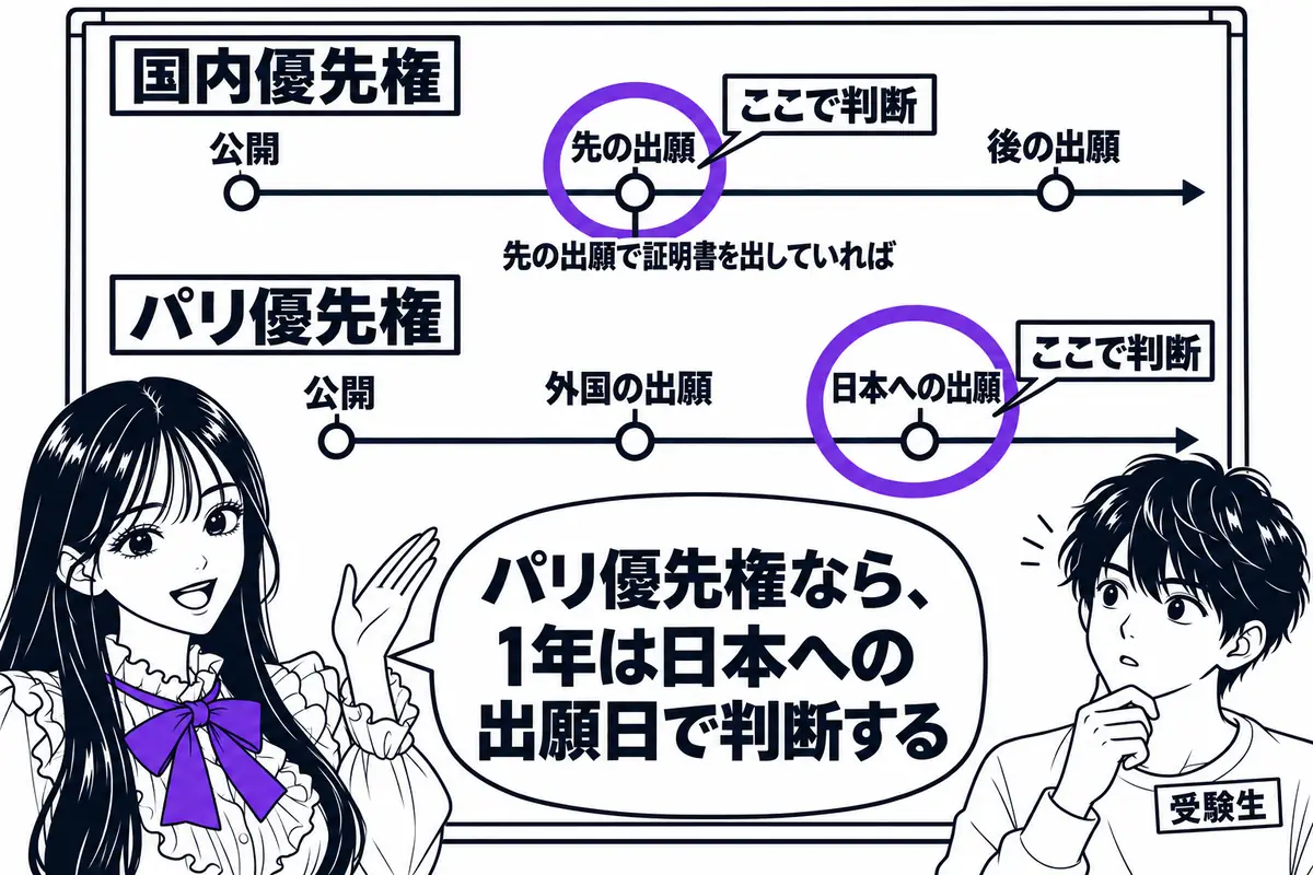 公開から1年以内かを判断する日は、国内優先権なら原則として優先日、パリ優先権なら日本への出願日になる