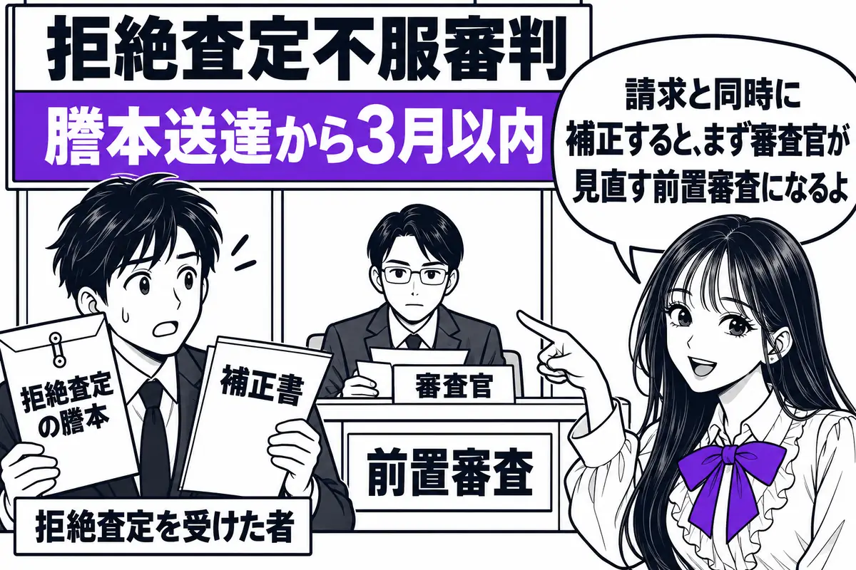 拒絶査定不服審判は謄本送達から3月以内に請求し、請求と同時に補正があると前置審査が行われる