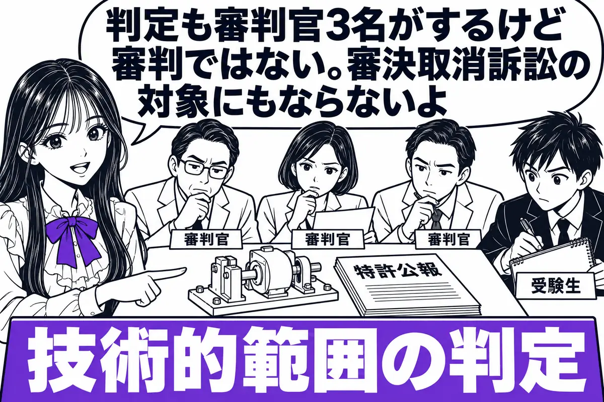 判定は特許庁長官が指定する3名の審判官が技術的範囲について行うが、審判ではなく審決取消訴訟の対象にもならない