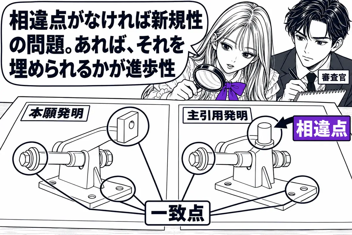 本願発明と主引用発明を対比し、相違点がなければ新規性、相違点があれば進歩性の問題になる