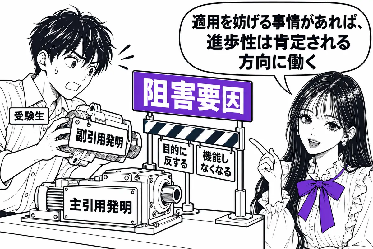 副引用発明を適用すると主引用発明が目的に反したり機能しなくなったりする場合は、阻害要因として進歩性が肯定される方向に働く