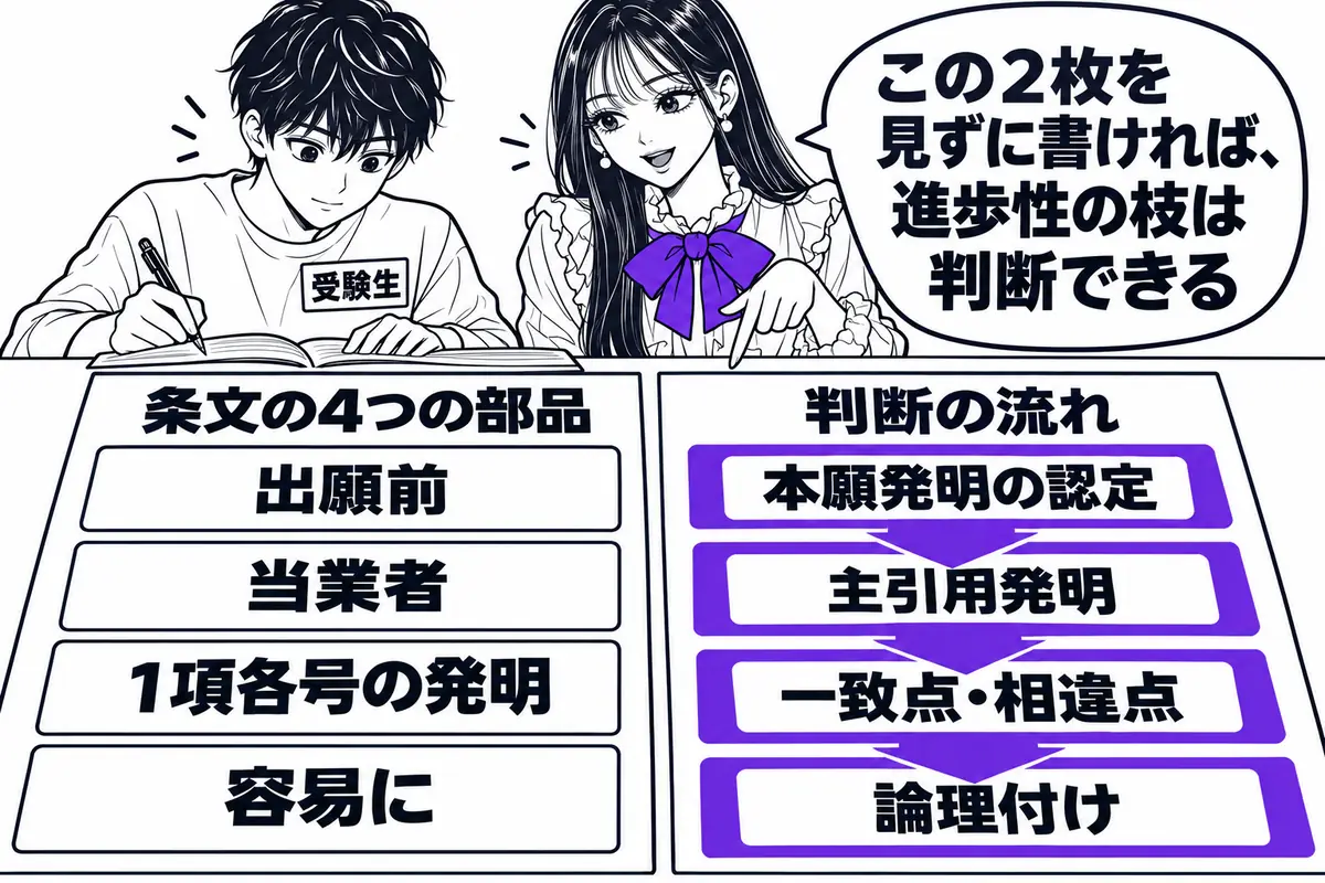 進歩性は条文の4つの部品と、審査基準の判断の流れの2枚に分けて整理する