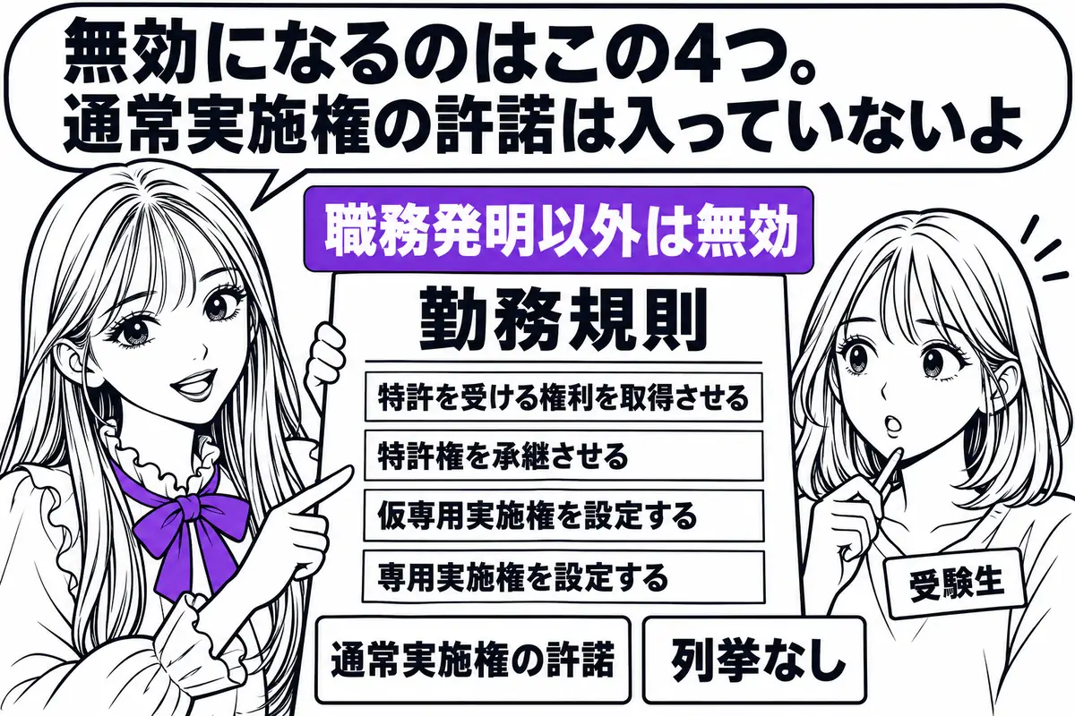 職務発明でない発明について、あらかじめ権利を取得させ・承継させ・仮専用実施権や専用実施権を設定する定めは無効