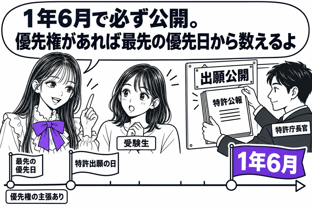 出願公開は特許出願の日から1年6月で特許庁長官が必ず行い、優先権主張があれば最先の優先日から数える