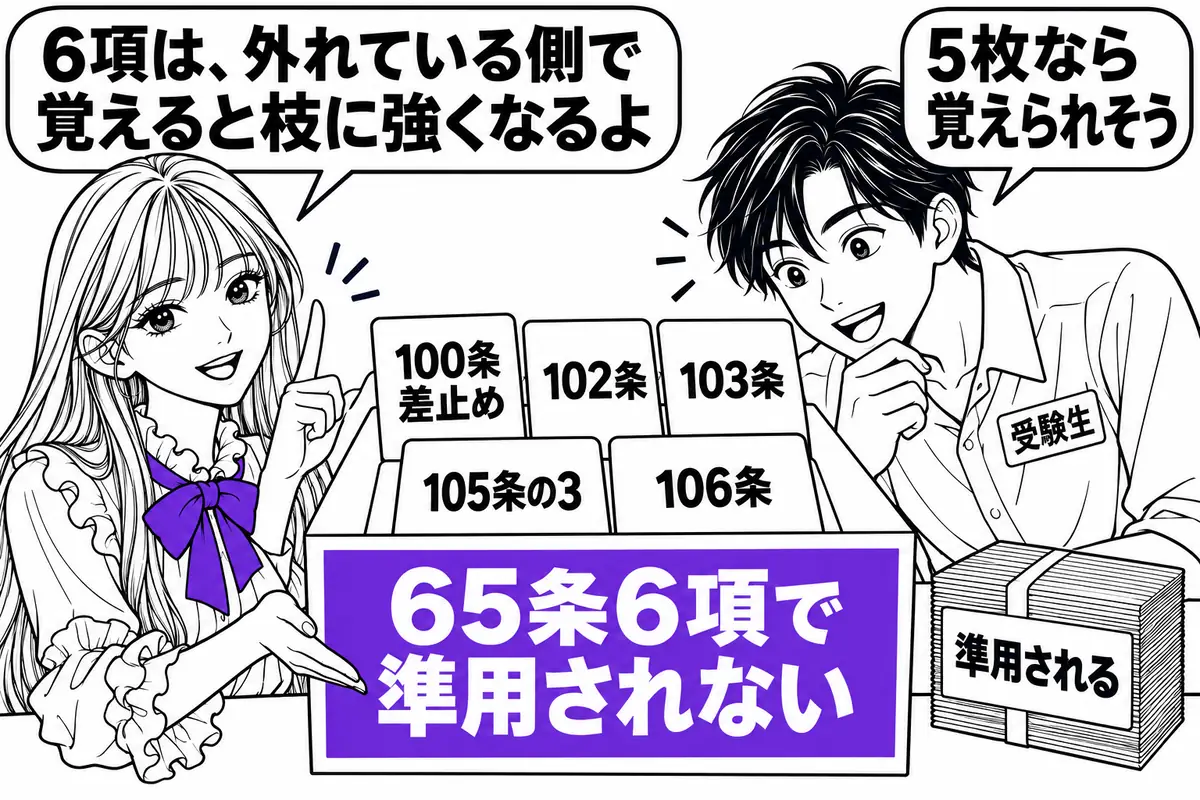 65条6項は準用されない100条・102条・103条・105条の3・106条の側で覚えると枝に対応しやすい