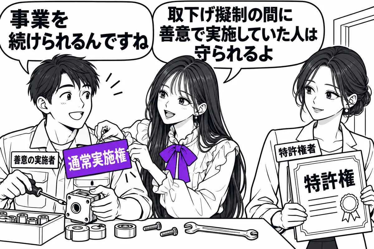 救済で復活した出願が特許になっても、その間に善意で実施していた第三者には通常実施権が認められる