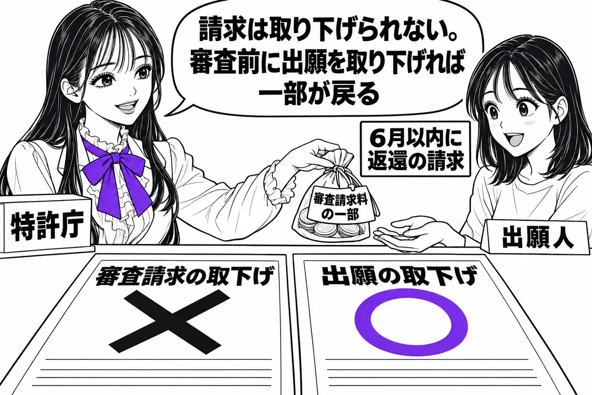 審査請求は取り下げられないが、審査が始まる前に出願を取り下げれば審査請求料の一部が返還される