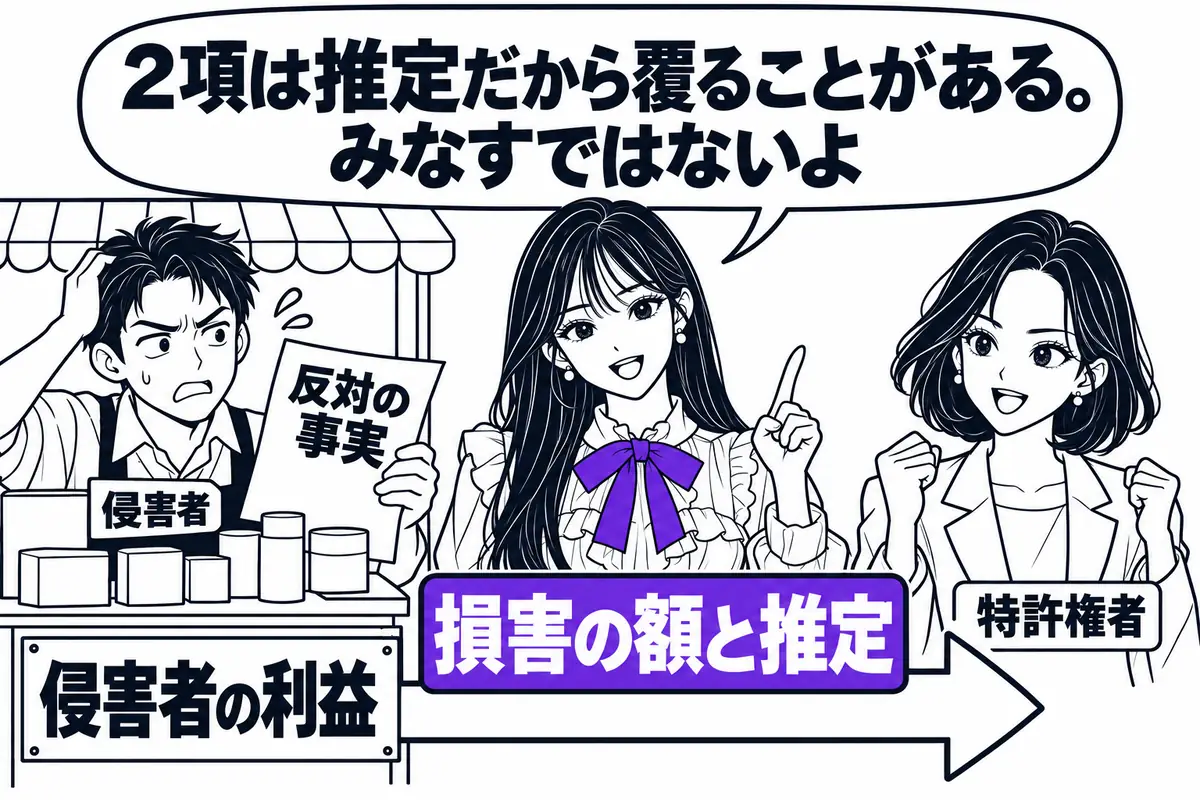 102条2項は侵害者の利益を損害の額と推定する規定で、反対の事実を立証すれば覆る
