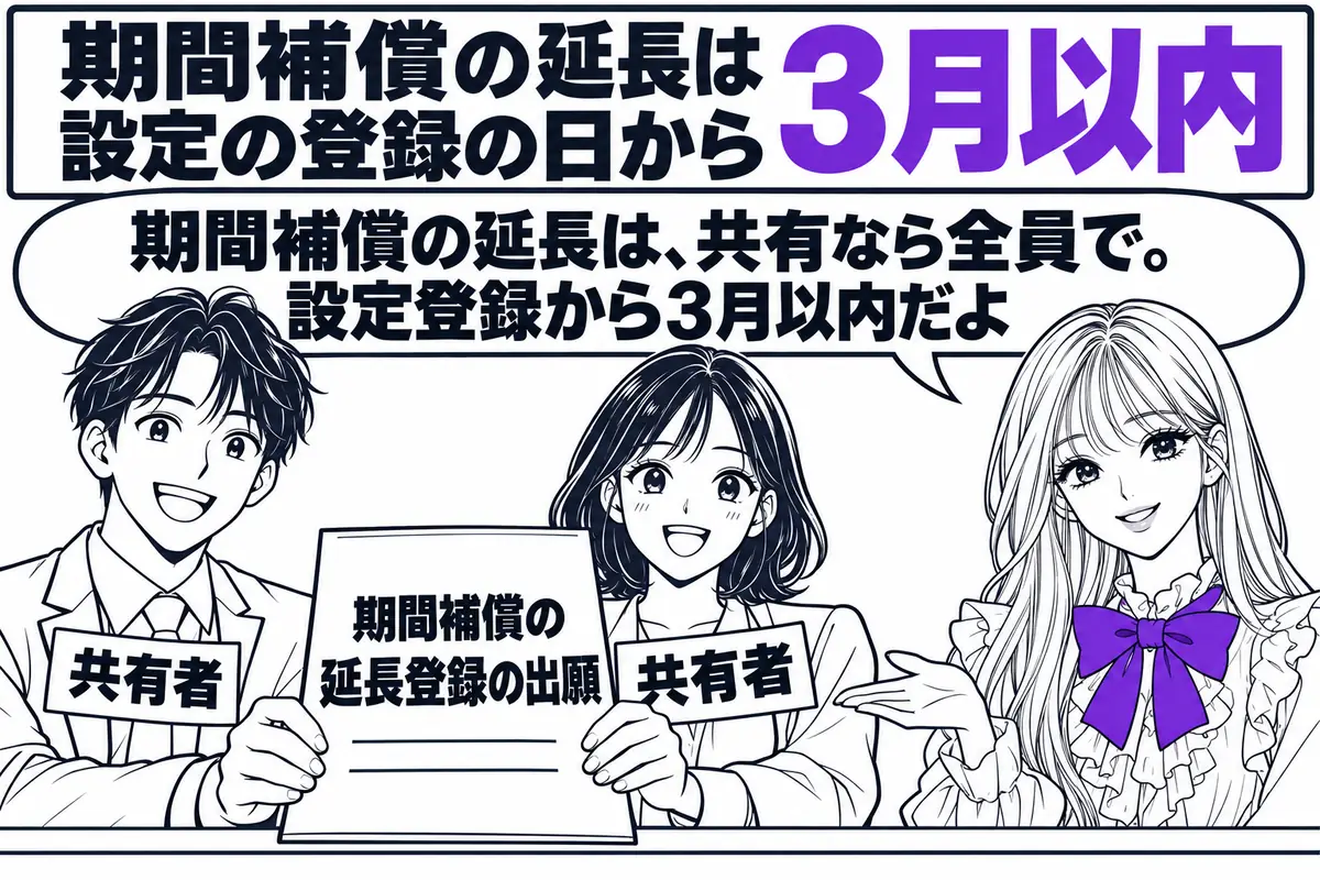 期間補償の延長登録の出願は設定の登録の日から3月以内にし、特許権が共有なら共有者全員でする