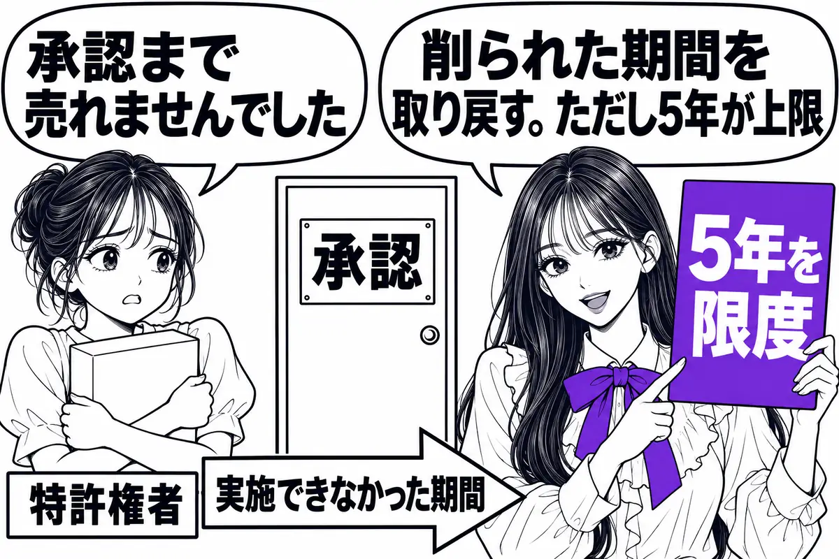 医薬品等の安全性確保のための処分を受けるまで実施できなかった期間は、5年を限度に延長できる