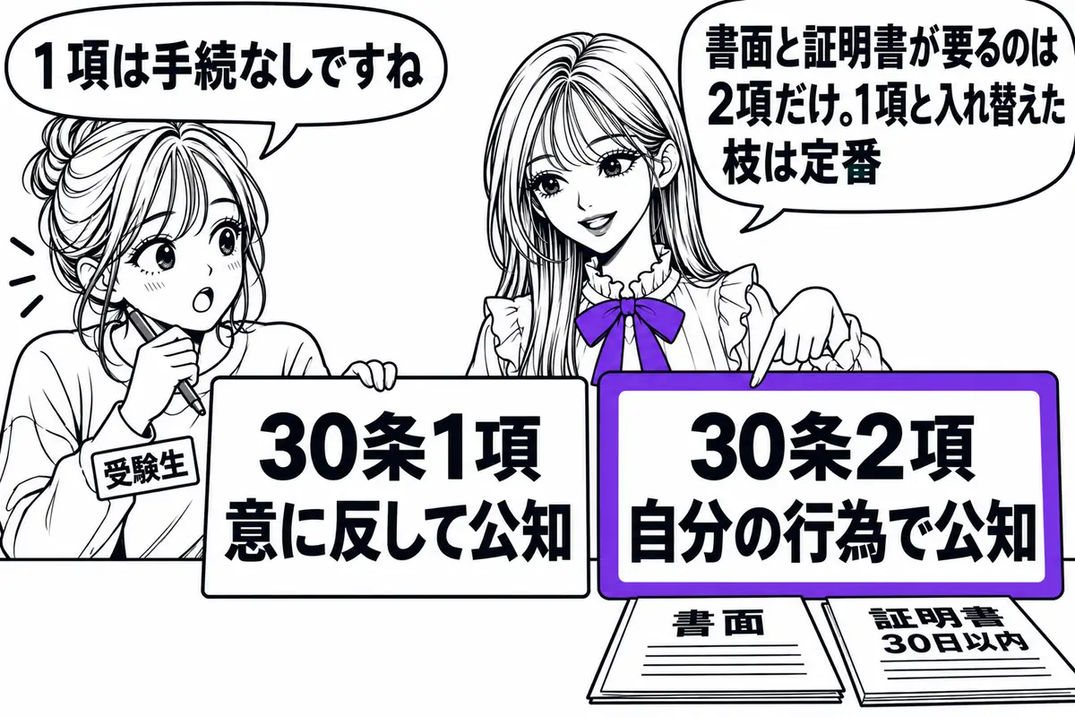 新規性喪失の例外で書面と証明書が要るのは自分の行為で公知になった30条2項の場合で、意に反する1項には要らない