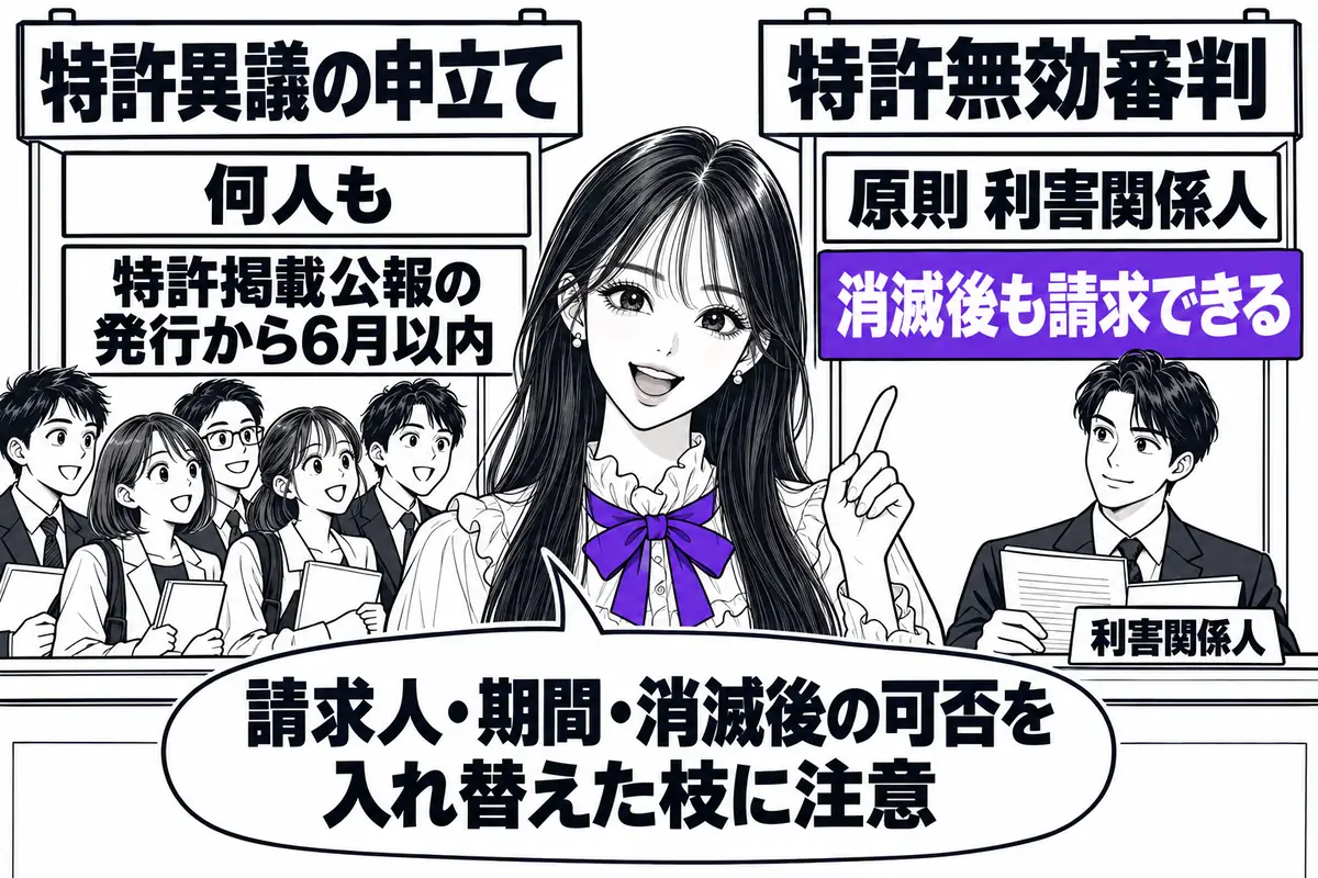 特許異議は何人も公報発行から6月以内、無効審判は原則として利害関係人に限られ、権利の消滅後も請求できる