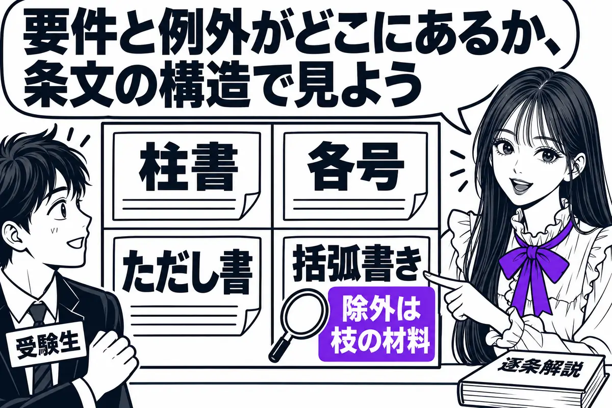 短答の枝は条文の文言から作られるので、柱書・各号・ただし書・括弧書きのどこに要件と例外があるかを見る