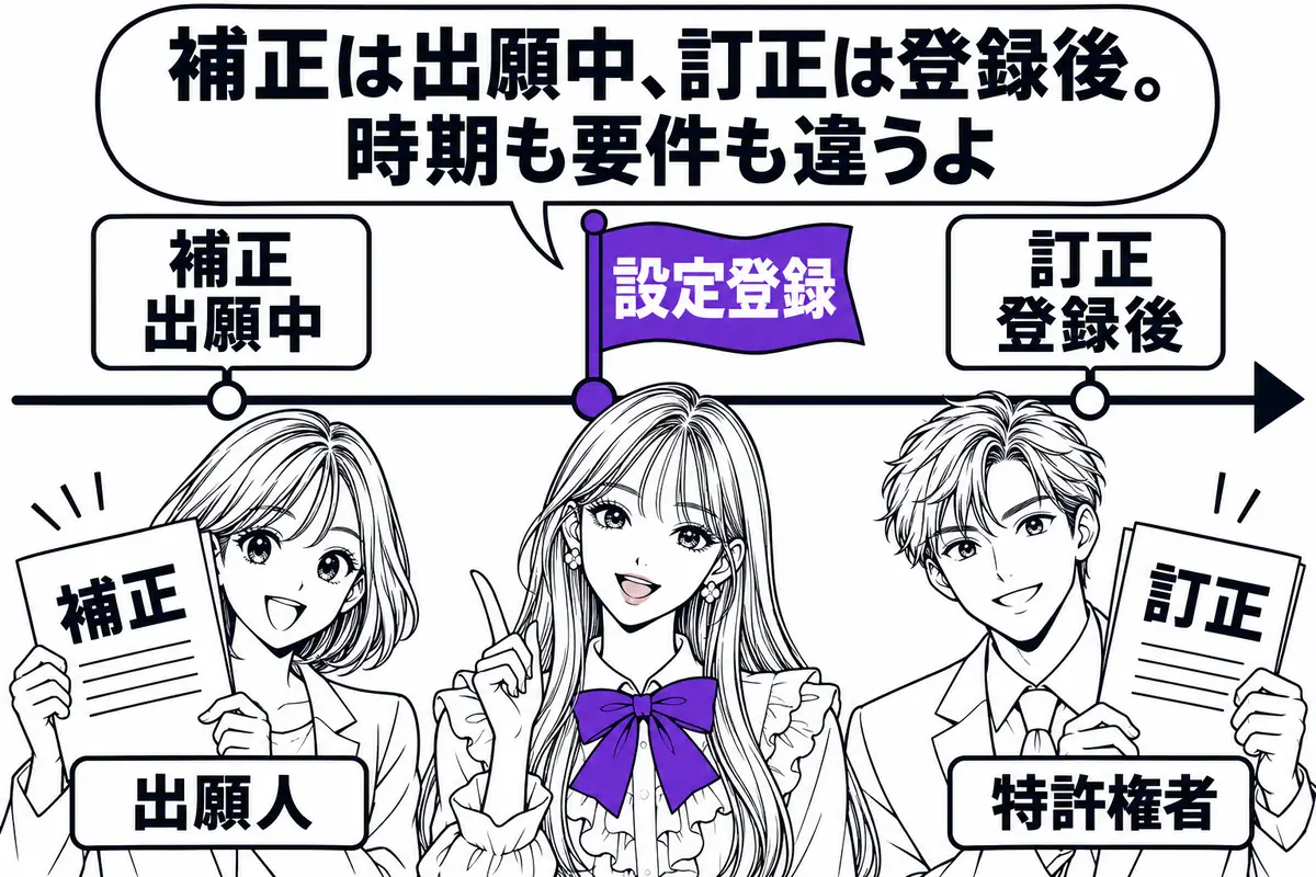 補正は出願中の手続、訂正は登録後の手続で、時期も要件も違う