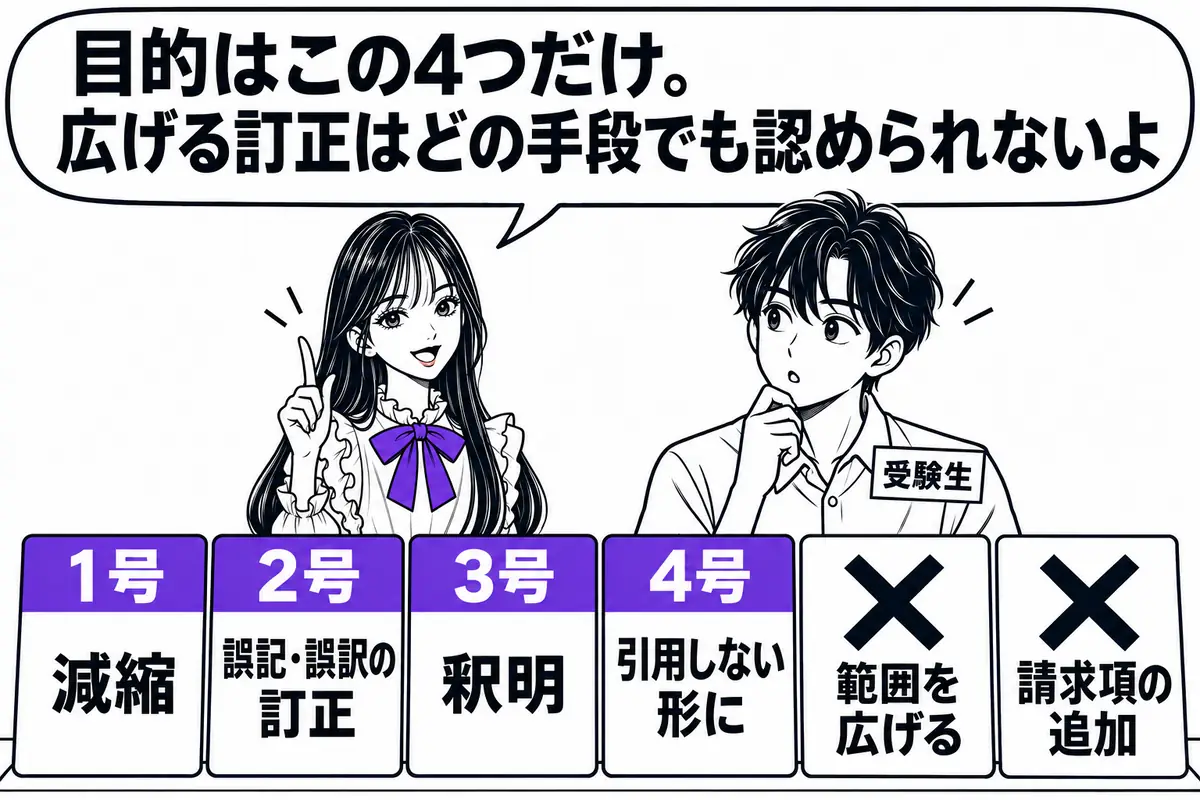 訂正の目的は減縮、誤記・誤訳の訂正、明瞭でない記載の釈明、引用関係の解消の4つに限られ、範囲を広げる訂正は認められない