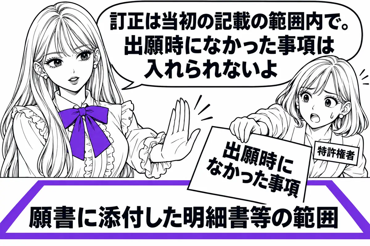 訂正は願書に添付した明細書・特許請求の範囲・図面に記載した事項の範囲内でしなければならず、新しい事項は持ち込めない