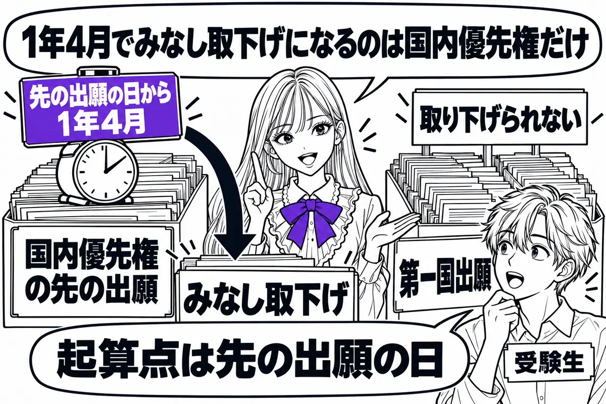 国内優先権の基礎にした先の出願は先の出願の日から1年4月で取り下げたものとみなされ、パリ優先権にはこの規定がない