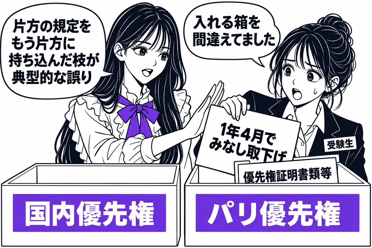 国内優先権の規定をパリ優先権に持ち込んだ枝や、パリ優先権の規定を国内優先権に持ち込んだ枝は誤り